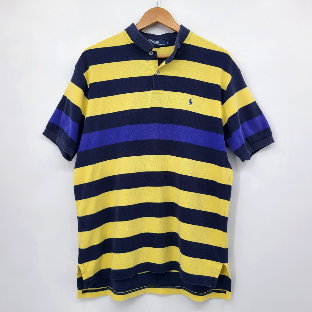 Polo by Ralph Lauren Yellow Blue Stripe 90's Y2K Rugby Short Sleeve Shirt Size L